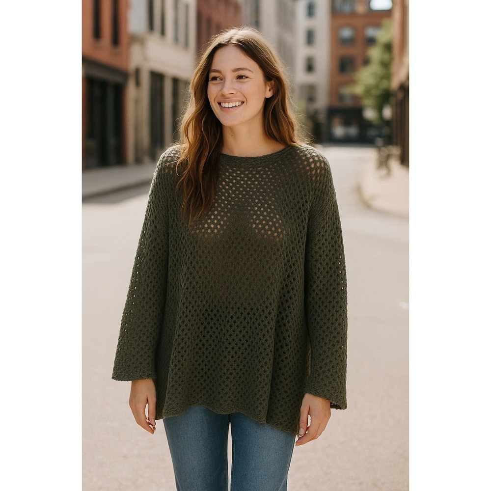 Eileen Fisher Sweater Womens M Green Open Knit Crochet Pullover Boho Lagenlook